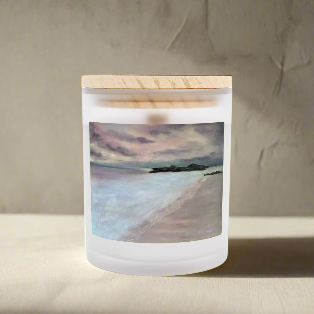 Serene Coastal Breeze Candle - 11oz Frosted Glass with Natural Wood Lid